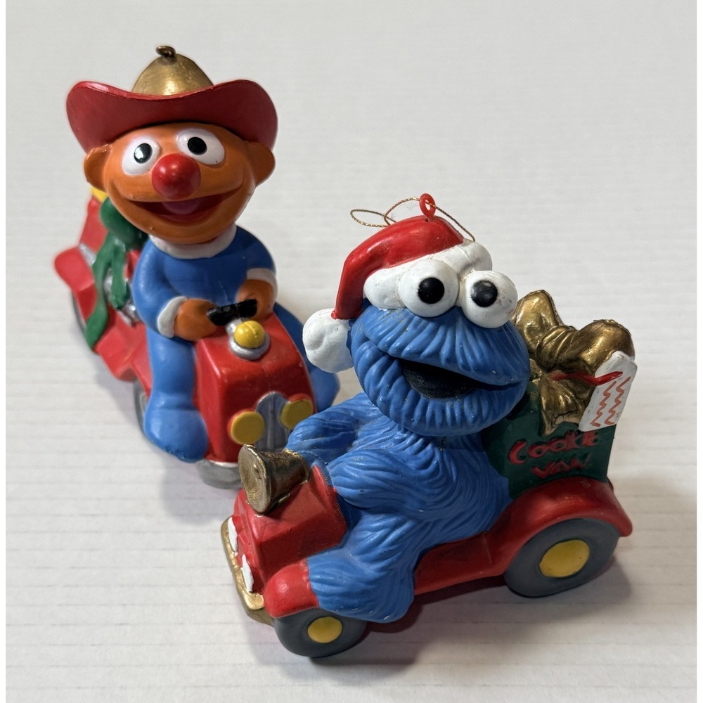 SESAME STREET Vintage Ernie & Cookie Monster Christmas Ornaments Cars JIM HENSON